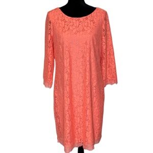 #427 (London Times) Elegant Coral Lace Midi Dress - Size 14